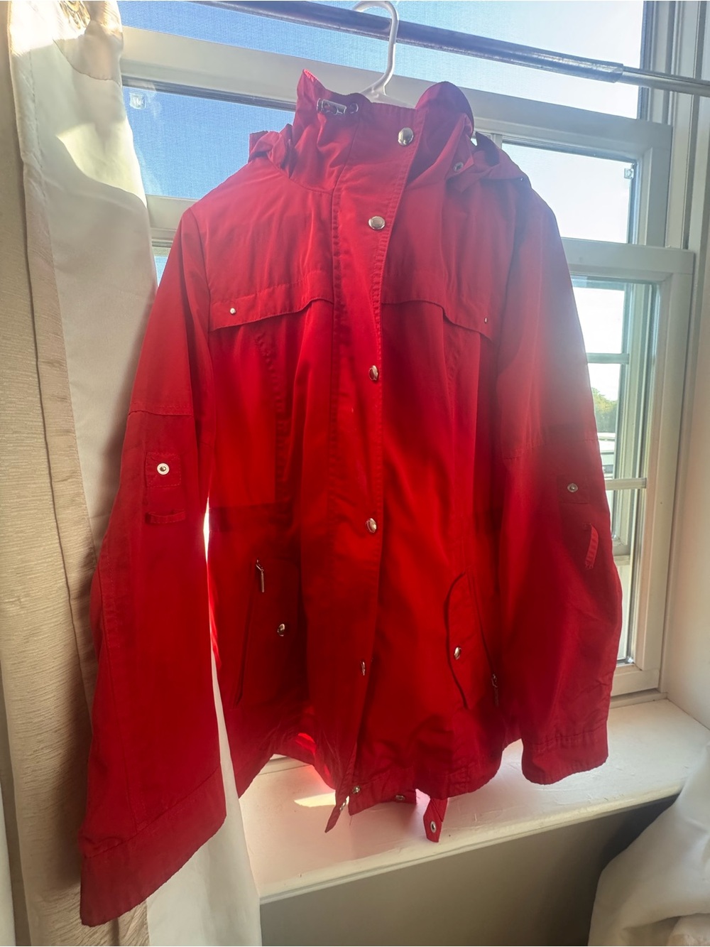 Womens Red Hooded Jacket - Lightweight Raincoat